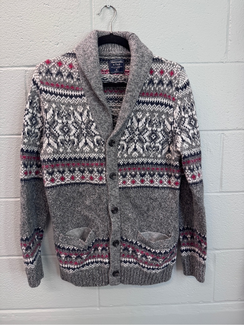 Abercrombie & Fitch Merino Wool Blend Fair Isle Shawl Collar Cardigan Sweater M